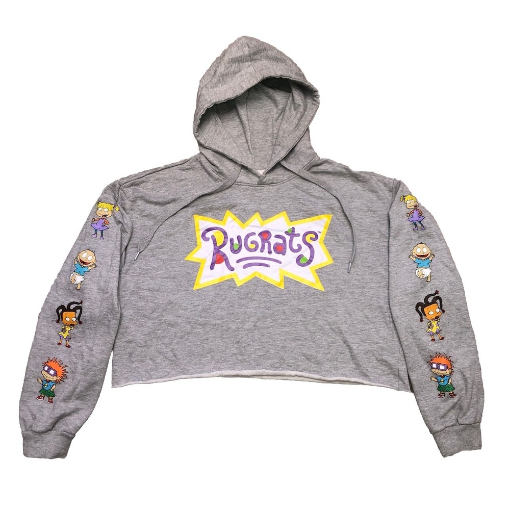 Rugrats Hoodie Women's L Gray Cropped Raw Hem Oversized Nickelodeon